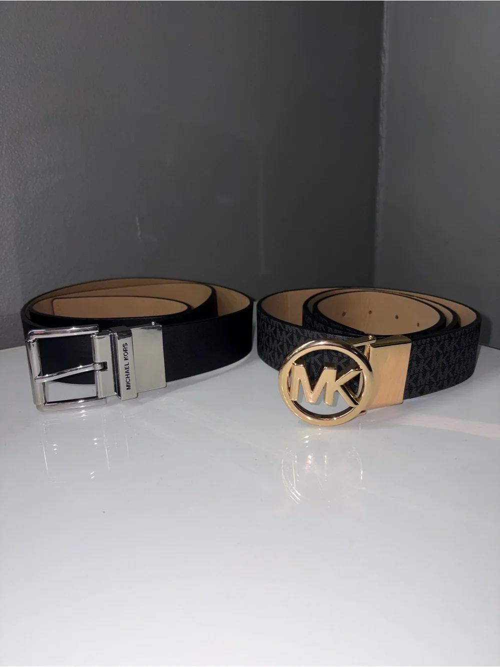 Michael Kors Gold MK Buckle All over Print Belt & Silver Buckle Solid Black Belt